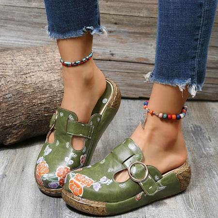 

ZXHACSJ Womens Shoes Ethnic Style Print Floral Fashion Casual Round Toe Wedges Slippers Green 41