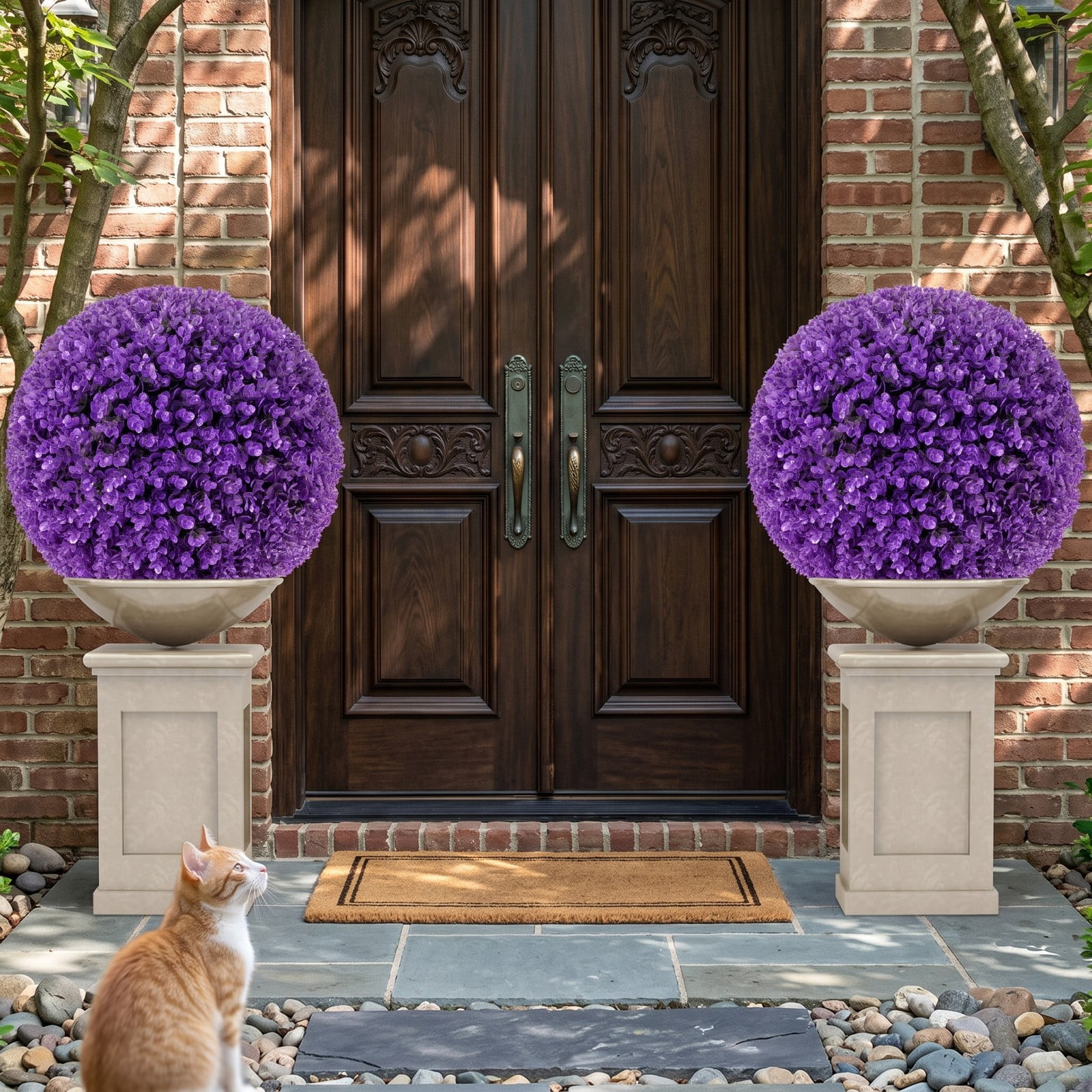 ALPULON 17.5 Inch Artificial Purple Boxwood Topiary Balls 2 Pack, 7-Layer Decorative Plant Spheres for Indoor Outdoor Garden Doorway Lawn, Purple