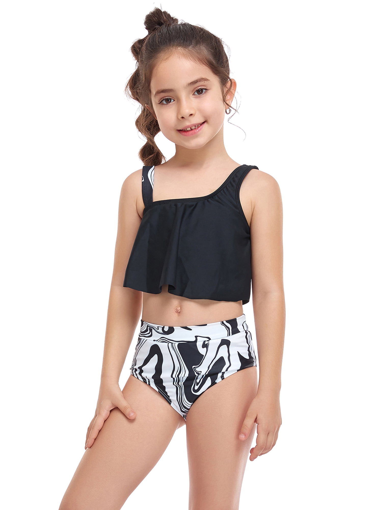 Faithtur Family Matching Swimwear Mom and Daughter Patchwork Bra Ruffled Tops with Briefs Beachwear