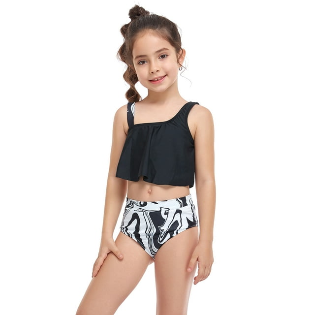 Faithtur Family Matching Swimwear Mom and Daughter Patchwork Bra Ruffled Tops with Briefs Beachwear