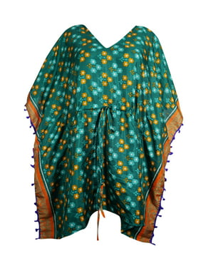Mogul Green Floral Summer Caftan Recycled Sari Womens bOHO Fashion V-Neck Kimono Kaftan Beach Tunic Dress XL