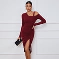 thumbnail image 4 of One Shoulder Long Sleeve Cocktail Dress Sexy Rib Knit Slit Ruched Bodycon Wedding Guest Maxi Dresses, 4 of 5