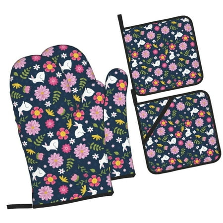 

Daiia Floral Rabbit Pattern Oven Mitts and Pot Holders 4 pcs Set High Heat Resistant 500 Degree Extra Thicken Long Kitchen Cotton Oven Glove