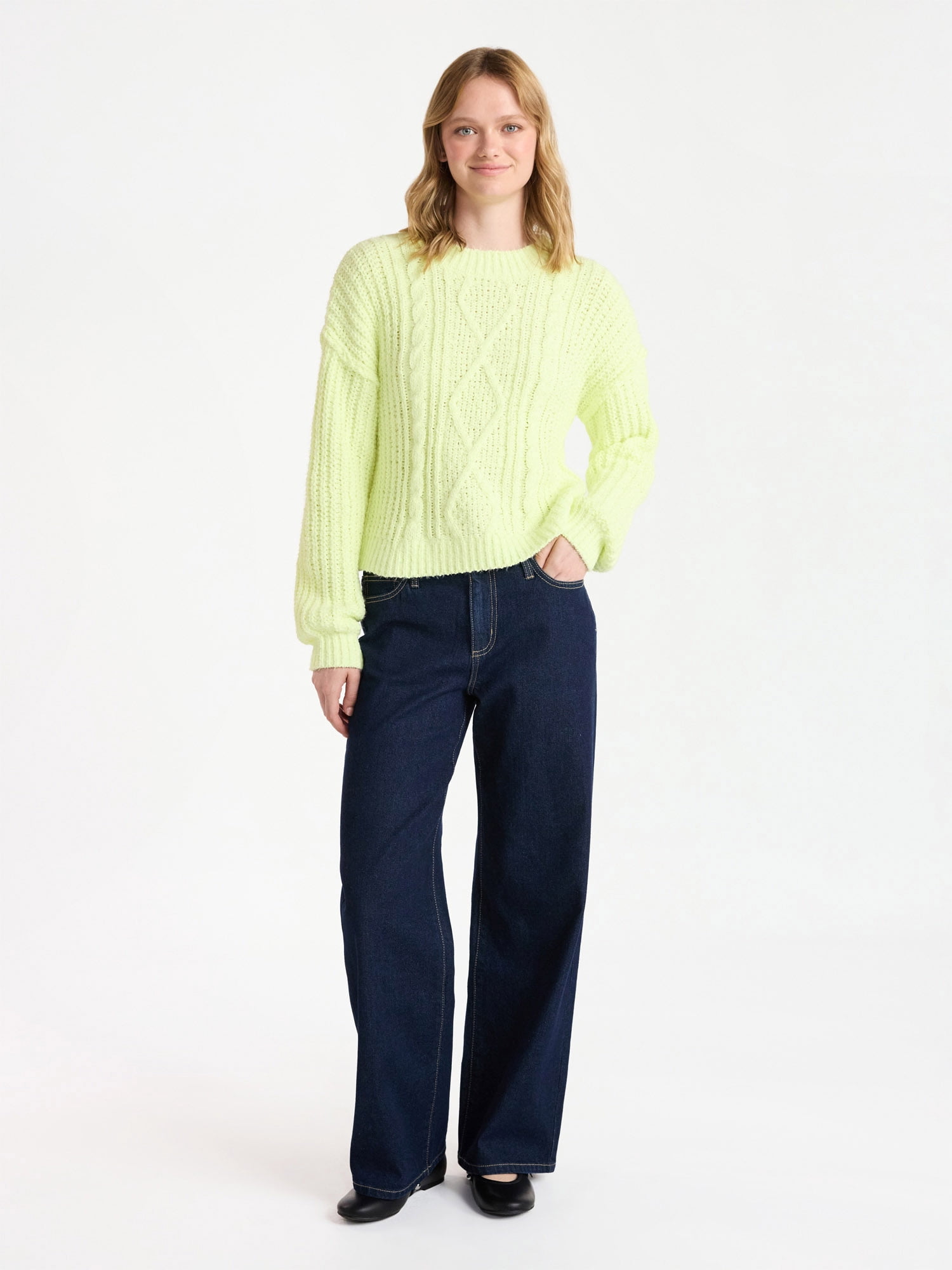 No Boundaries Cable Knit Sweater, Midweight, Women's