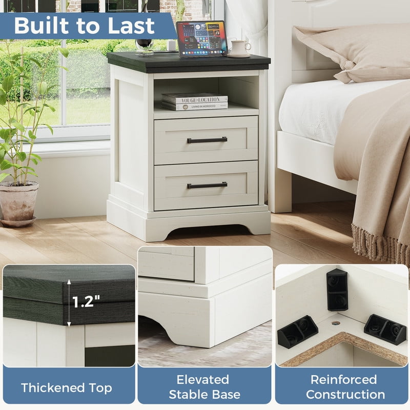 Gianna Nightstand with Charging Station, Farmhouse Bedside Table with 2 Drawers and Open Shelf, Wood End Table, Modern Side Table for Bedroom, White