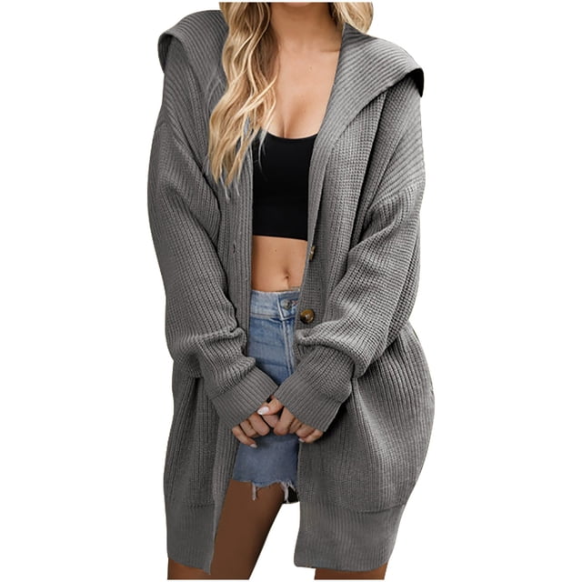 KIHOUT Womens Long Cardigans Long Sleeve Oversized Cable Knitted Open Front Chunky Hooded Outerwear Sweater Coat