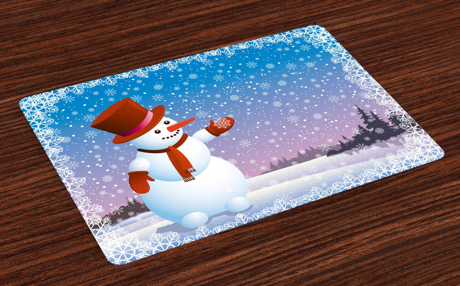 Snowman Placemats Set of 4 Cartoon Happy Snowman Looking at the
