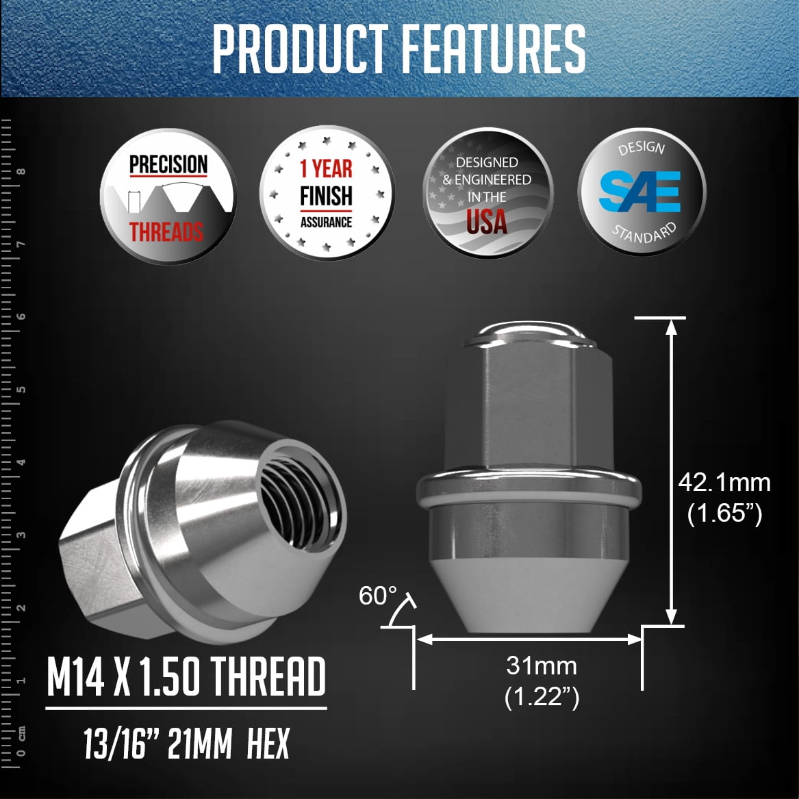 24 Pcs M14 x 1.5 OEM Style Lug Nuts ACPZ-1012-B | 611-008 1.66" Long Chrome 13/16" Hex Fits 2015 + Ford F150 Expedition F-150 | 2022+ Lightning| 2015+ Lincoln Navigator