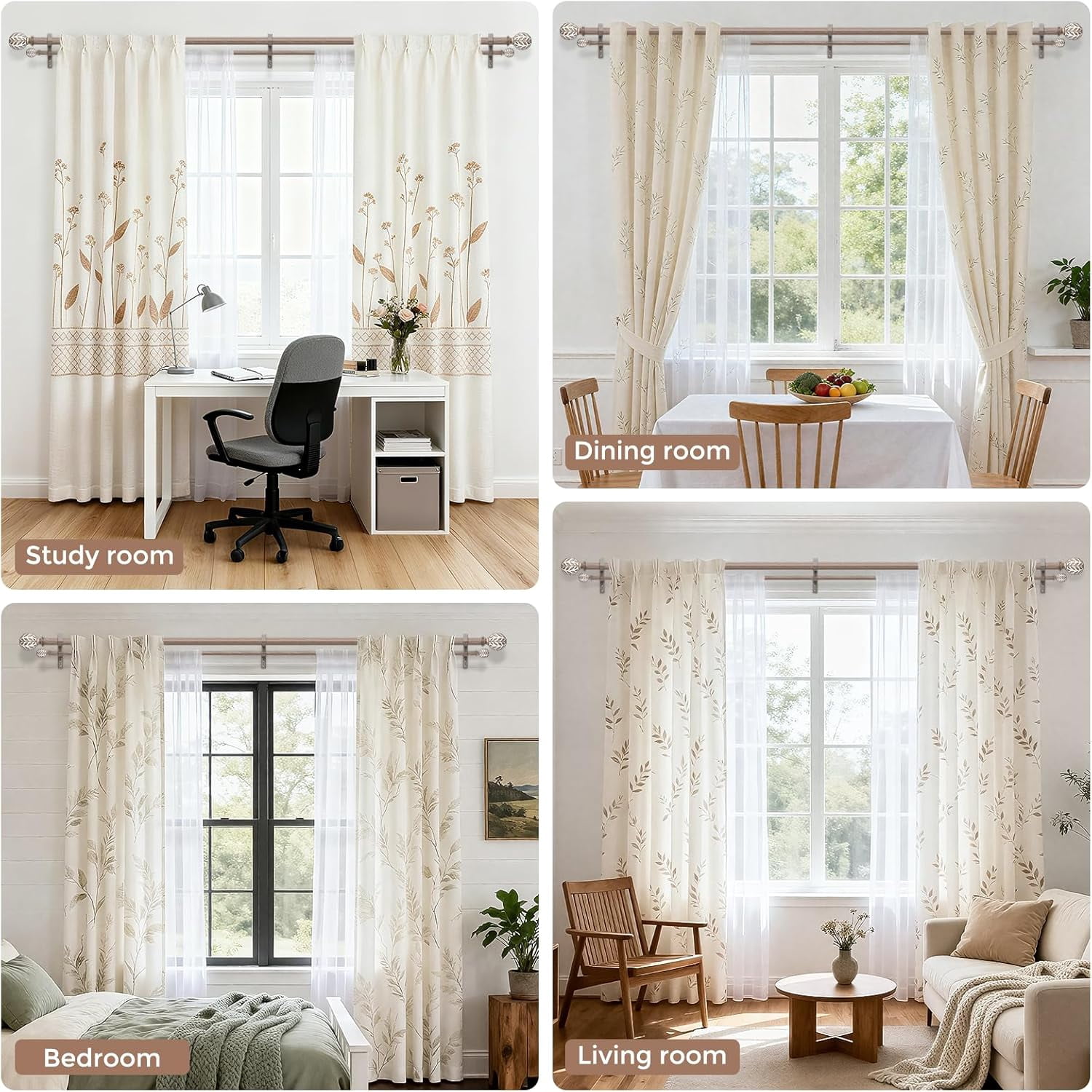 Double Curtain Rod 36-76 Inch, Boho Wood Decorative Dual Curtain Rods for Windows, 1" Adjustable Heavy Duty Double Rod, Unique Handmade Imitation Weathered Wood Grain Leaf Finials Design
