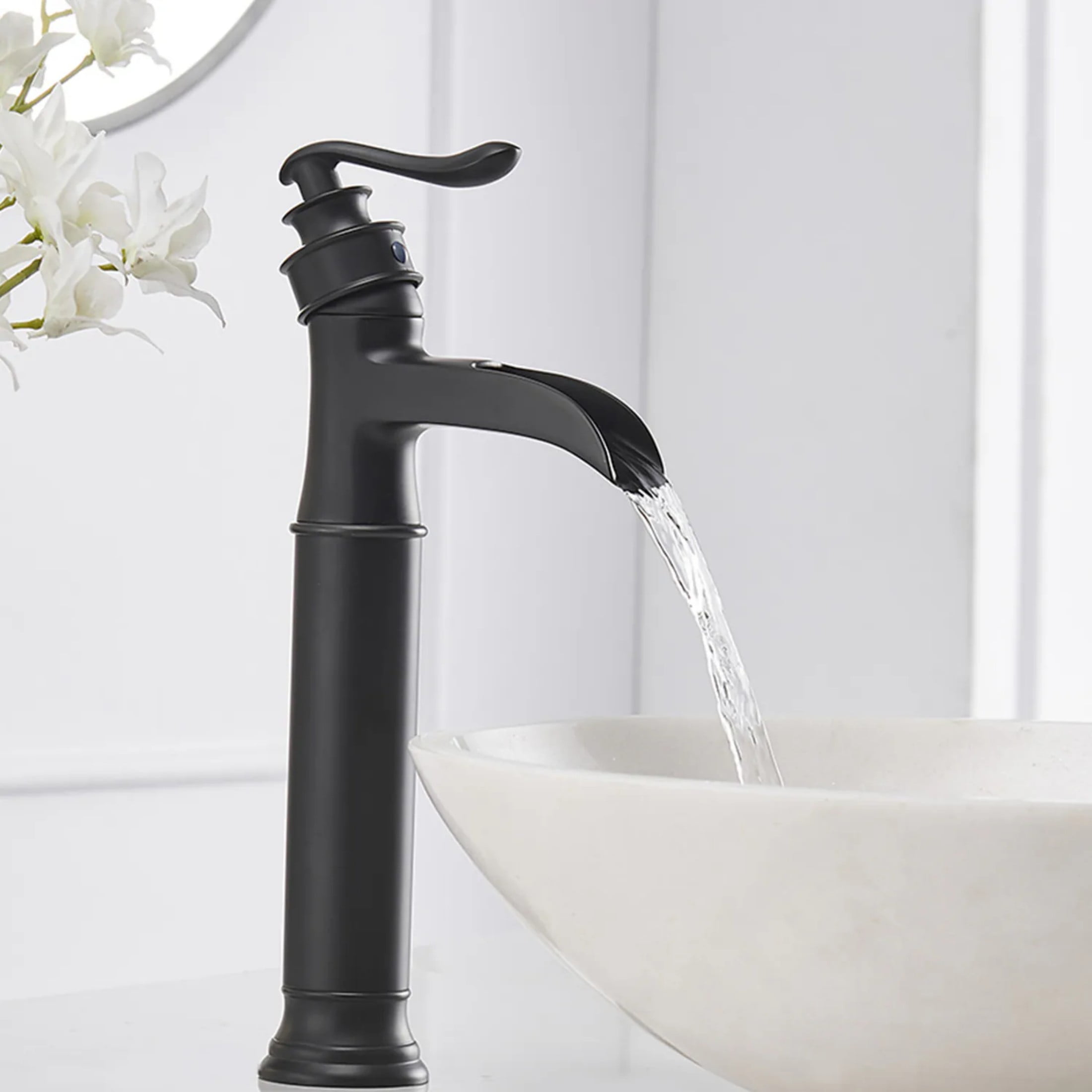 BWE Matte Black Waterfall Commercial Single Handle One Hole Bathroom Vessel Sink Faucet Deck Mount
