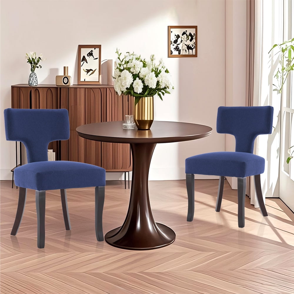 ENYLAY Mid Century Modern Wooden Dining Chairs Set of 2 , Linen Upholstered Armless Wooden Chairs with Curved Backrest for Farmhouse Kitchen/Dining Room (Blue)