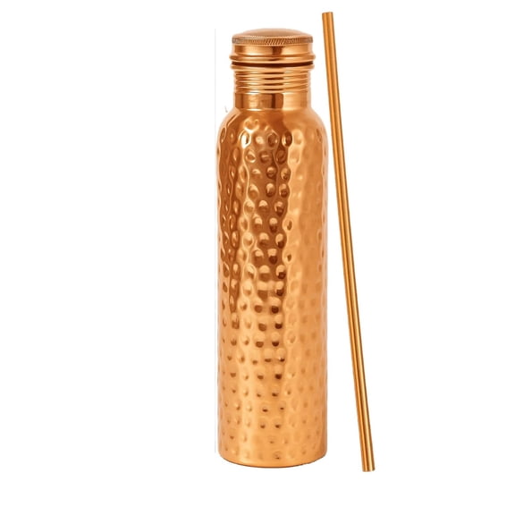 Set of 2 100% Real Pure Copper Water Bottle For Drinking 34 OZ/1000 ML Hammered Copper Bottle With Straw Handcrafted Leak Proof Design Ayurveda Health Benefits For Yoga Office Travel Gym
