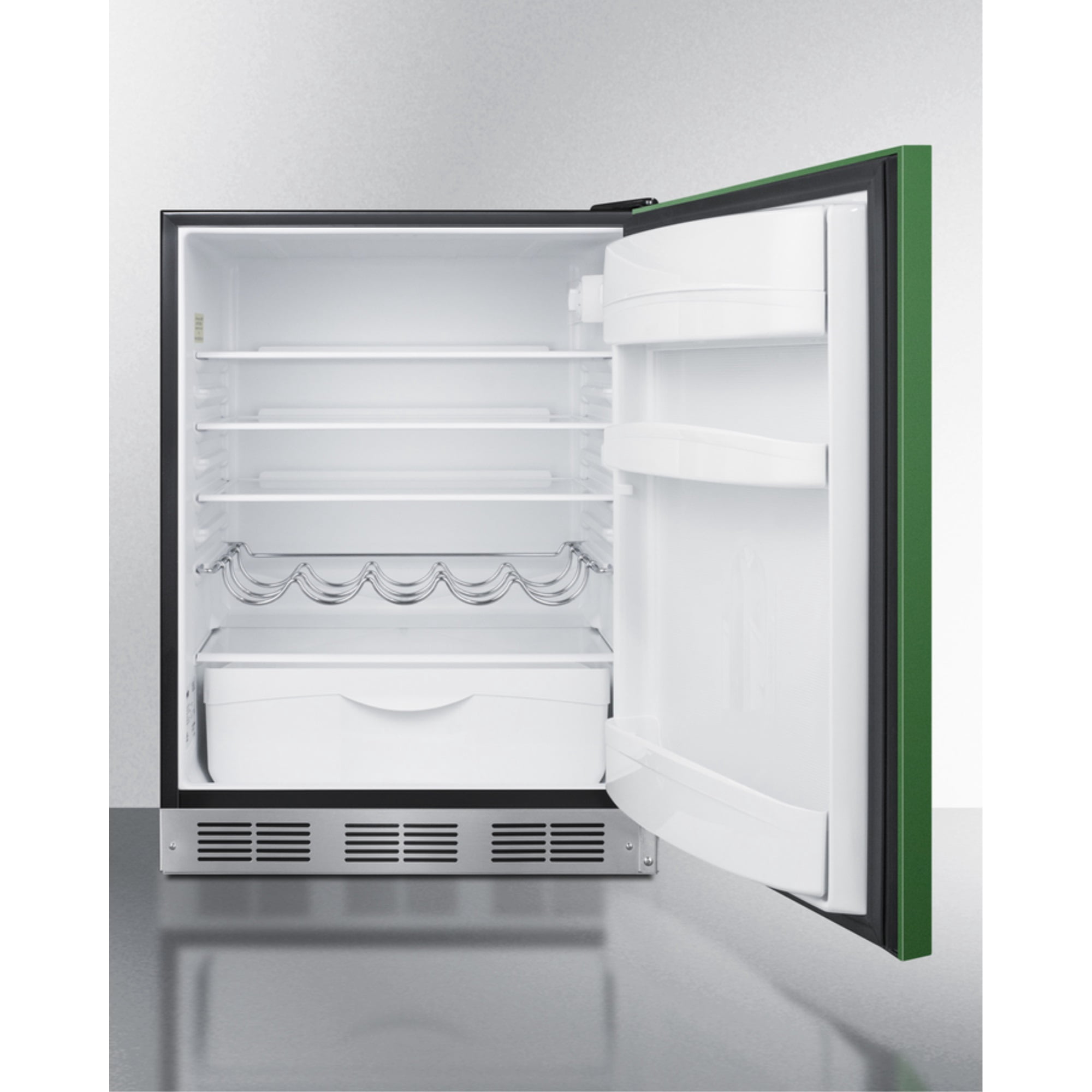 Undercounter 24 Inches all-refrigerator for residential use with emerald green door, stainless steel handle, and black cabinet