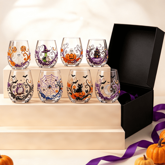 2D Halloween Artisan Glassware Collection, 2D Stemless Glass Cups with Raised Black Cat & Ghost Design, Spooky Halloween Icon Juice Glasses Decor
