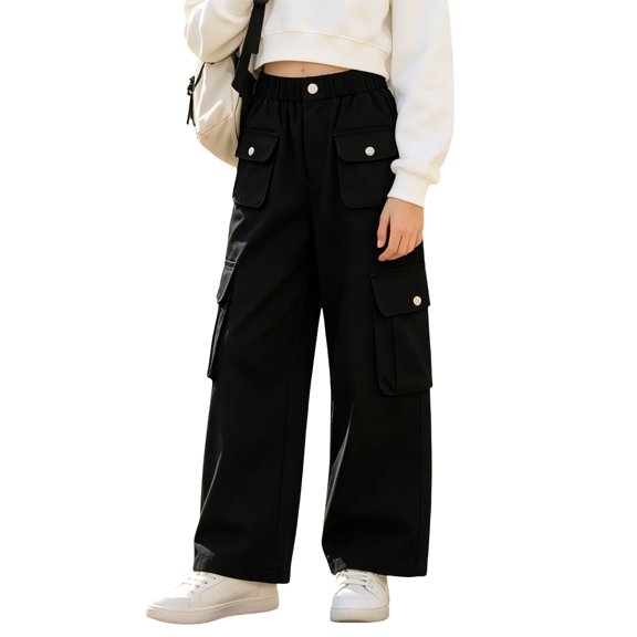 YunPes Girls Baggy Cargo Pants Multi Pocket Elastic Waist Wide Leg Pants Spring Fall Outdoor Casual Hiking Pants Kids Preppy Wear