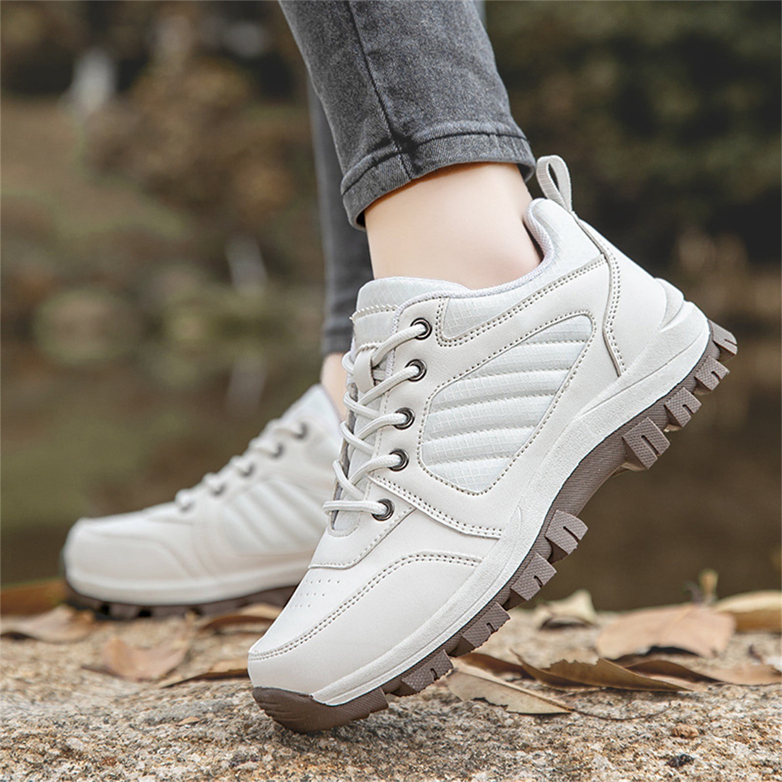 XIMIN Men Women's Hiking Boots Lightweight Breathable Non-Slip Waterproof Casual Low-Top Sneakers for Trailing Trekking Outdoor Leather Walking Shoes (7.5, White)