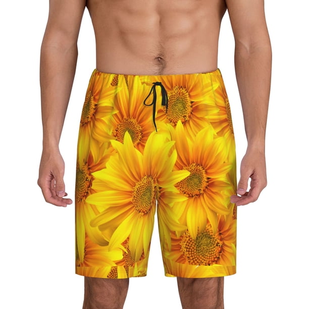 Balery 3D Sunflowers Pantalones cortos de pijama de punto de algodón para hombre con cinturilla y bolsillos-Small