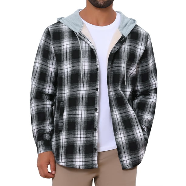 Camisa chaqueta de cuadros con capucha y cordón forrada de forro polar para hombre M en negro y blanco