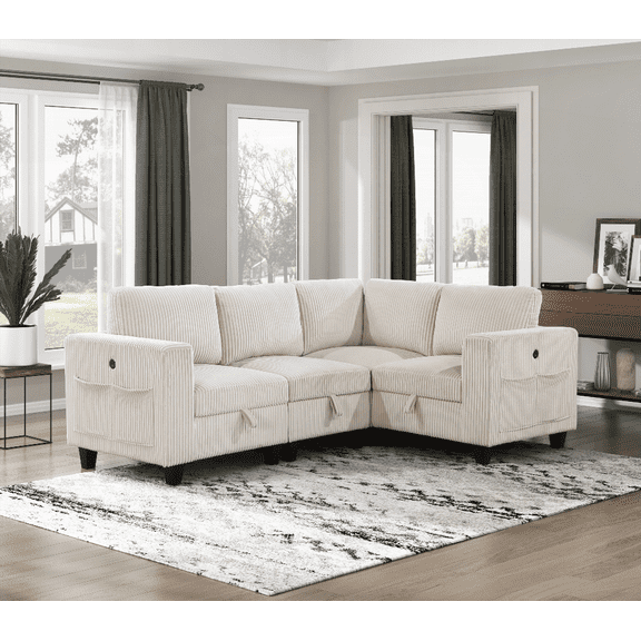 4-Piece Modular Sectional with Storage & Charging, Beige Corduroy for US Living Rooms
