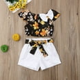 thumbnail image 2 of Qiylii 2 Pcs Girl's Outfit, Floral Short Sleeve Bow Top, Loose Shorts with Belt, 2 of 6