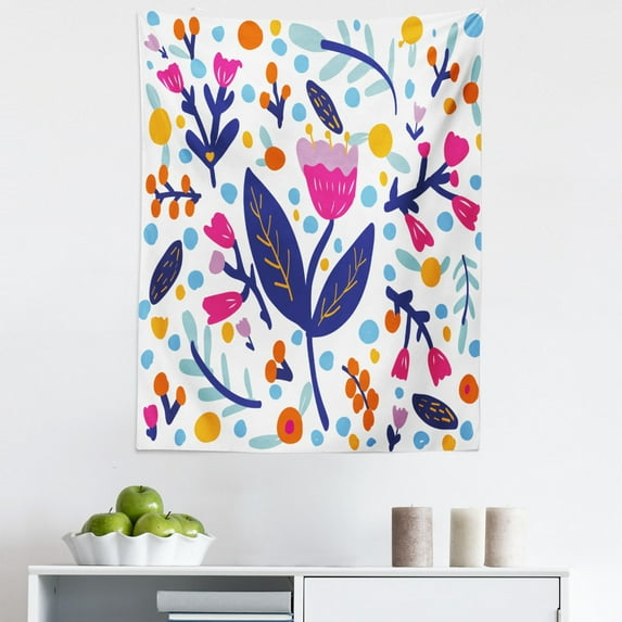 Floral Tapestry, Hand Drawn Doodle Style Flower Blossoms and Colorful Blots Leafy Colorful Garden Art, Fabric Wall Hanging Decor for Bedroom Living Room Dorm, 5 Sizes, Multicolor, by Ambesonne