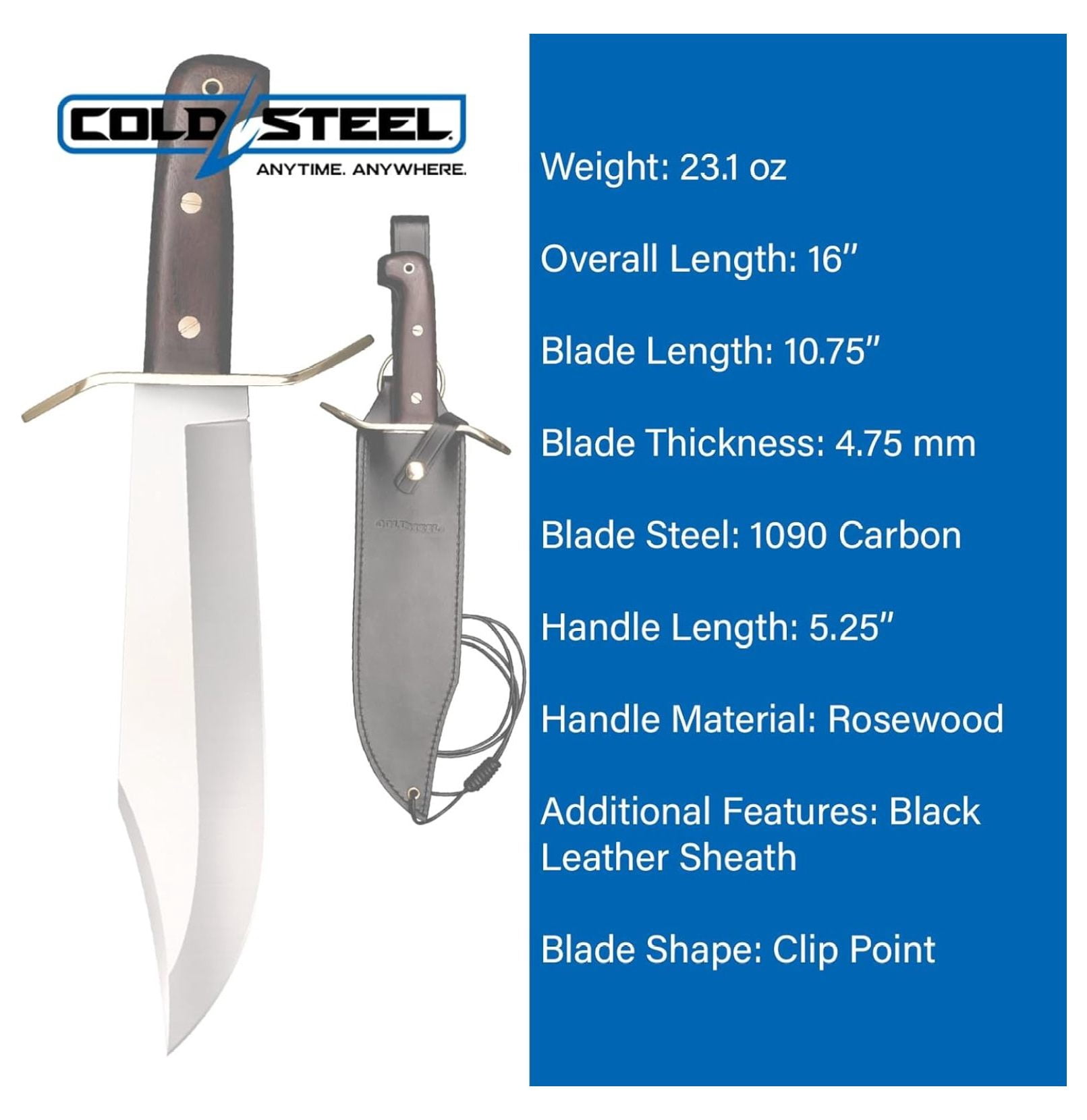 Wild West Bowie 10.75" 1090 High-Carbon Steel Clip Point Blade 5.25" Handle Fixed Blade Knife w/Leather Sheath