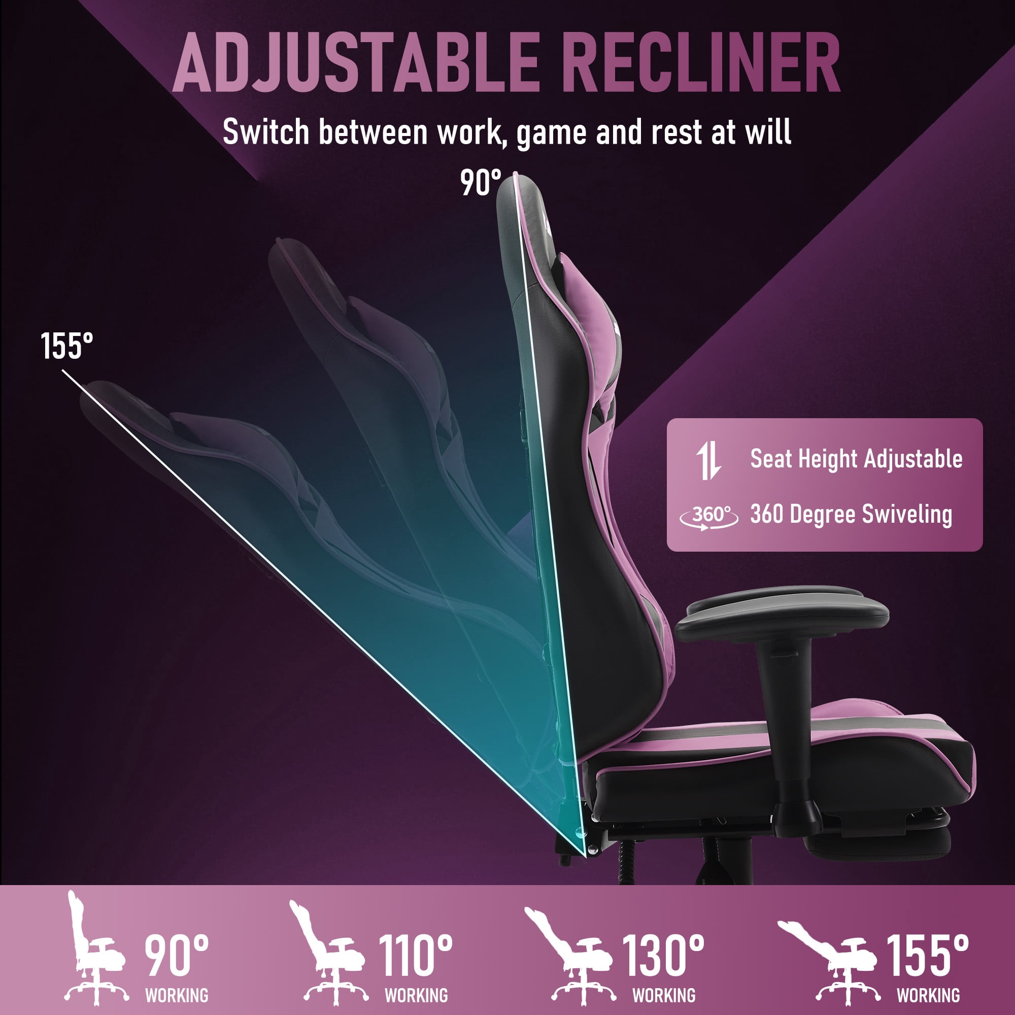 JONPONY Big and Tall 500LBS Gaming Chair with Footrest and Lumbar Support, High Back Ergonomic Recliner,Height Adjustable Leather Computer Desk Chair for Home Office, Purple