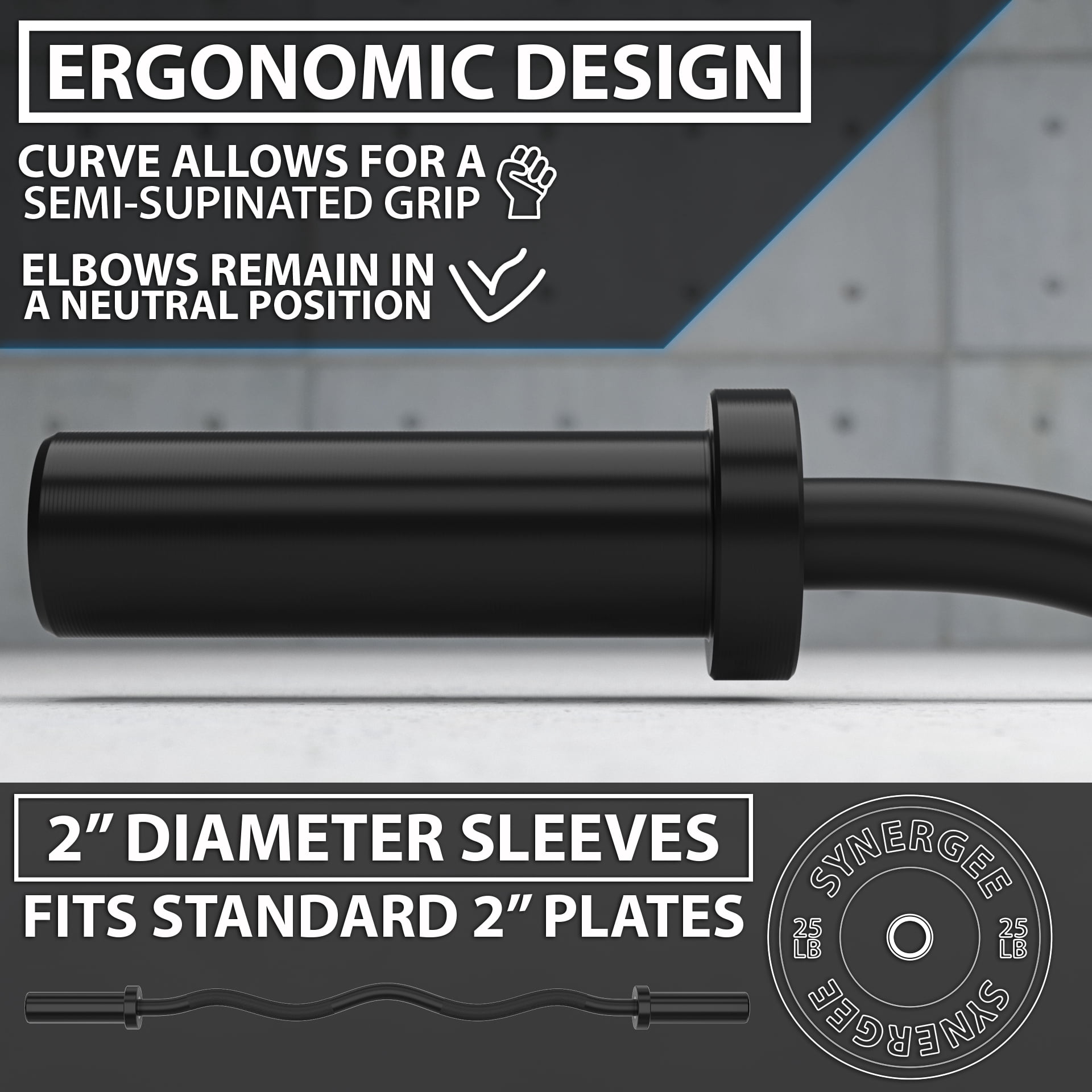 Synergee Commercial Chrome & Black Phosphate Olympic EZ Curl Bar with Powder Coated Brass Bushings