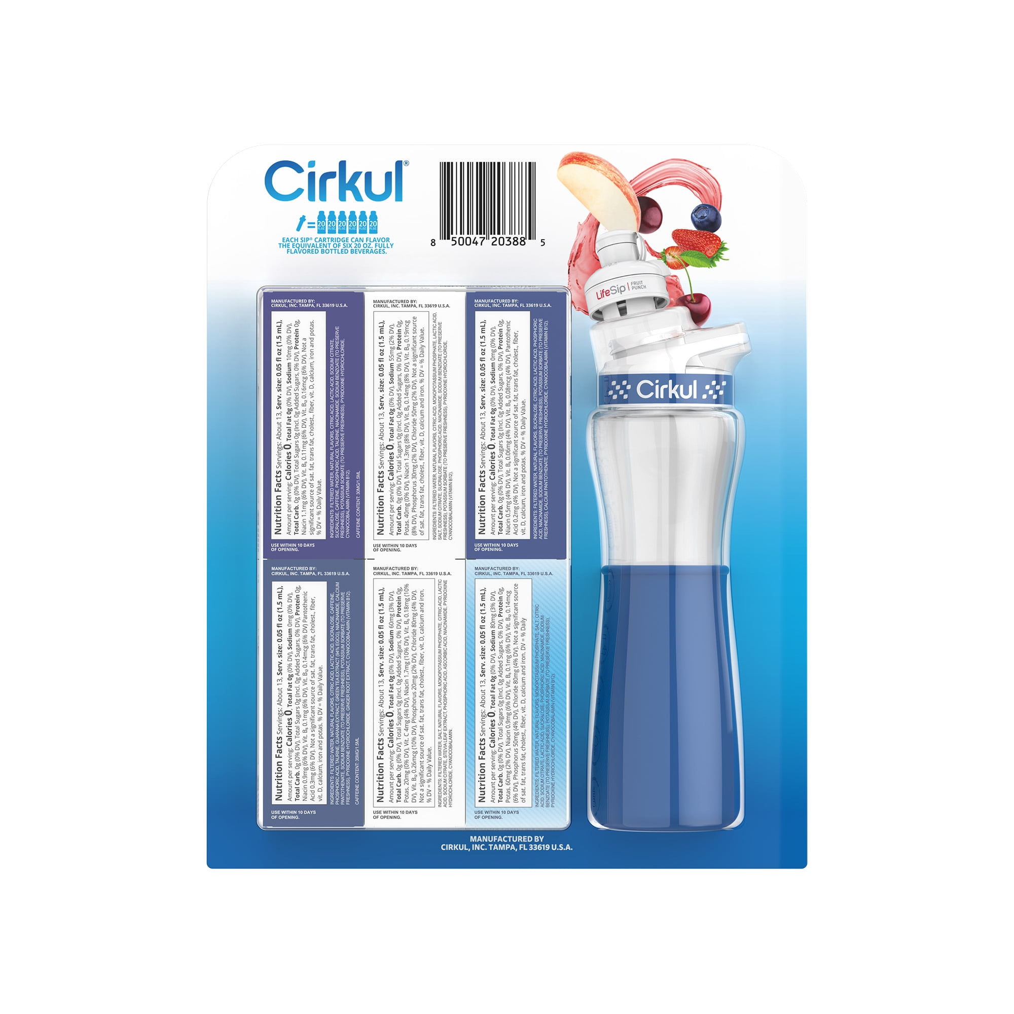 Cirkul 22 fl oz Plastic Bottle and Navy Chill Sleeve Value Pack with 6 Flavor Cartridges
