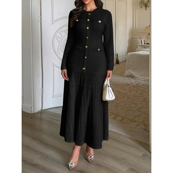 Women's Long Sleeve Maxi Dress 2025 Fall Casual Button Fit & Flare A-Line Swing Flowy Long Dresses Winter Trendy