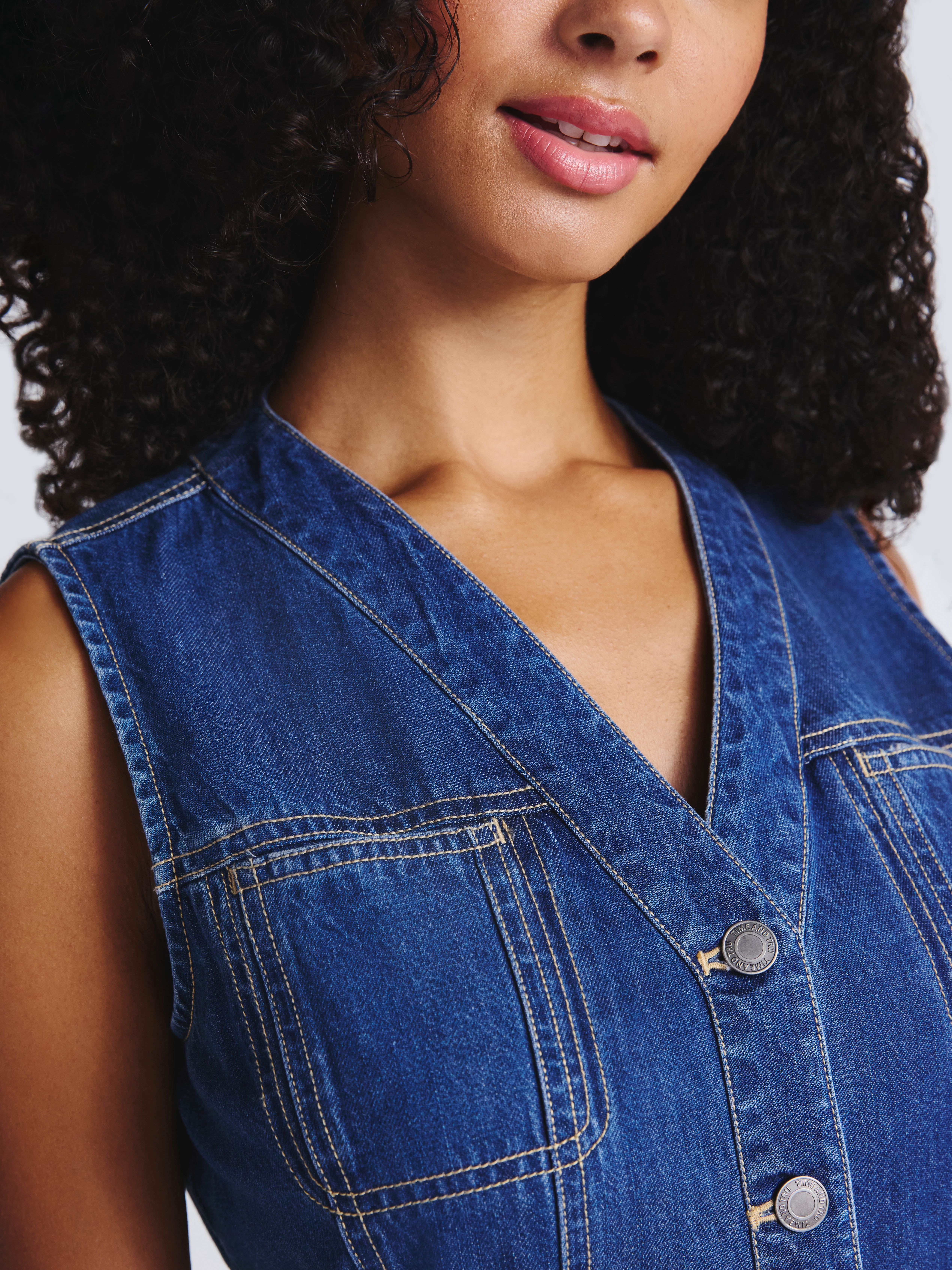 Time and Tru Women's Denim Button Front Mini Dress, Sizes XS-XXXL