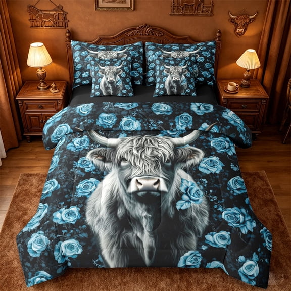 jejeloiu Blue Rose Highland Cow 7-Piece Twin Bedding Sets Kids,Floral Farm Print Bedding Comforter Set,Reversible