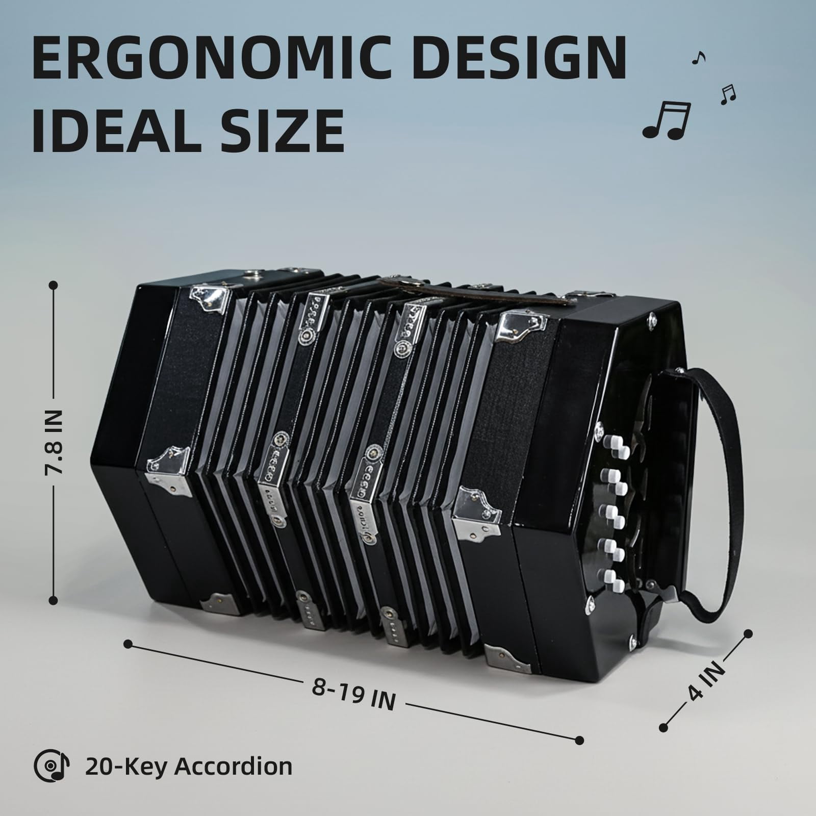 YueChun Concertinas,20-Key Accordion for Adults, Professional Accordion for Beginners, Adjustable Hand Straps, Instrument Accessories (Black)