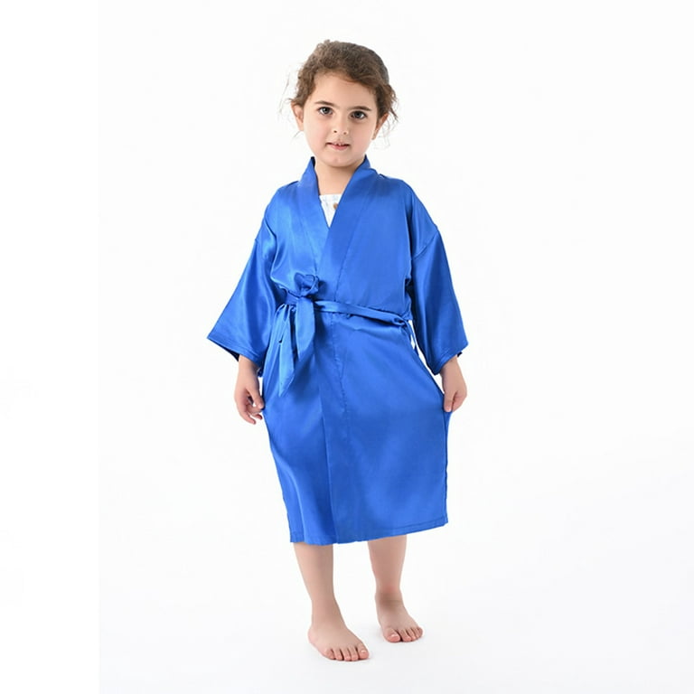 Airy Blue Satin Kimono Kid's Robe