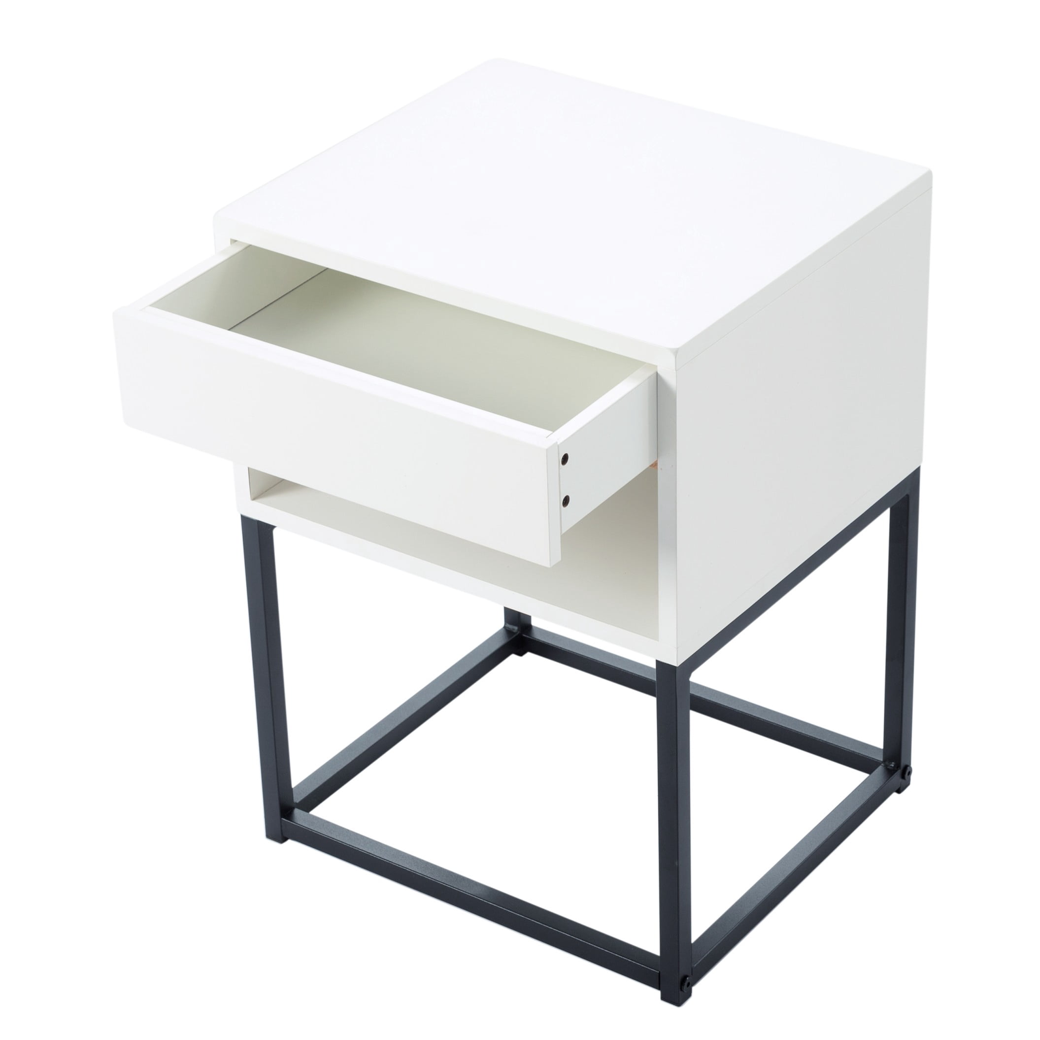 BSHTI 15.91" Nightstand with Drawer and Storage Shelf, MDF with Metal Legs, Modern Side Table for Bedroom Living Room Small Space,White