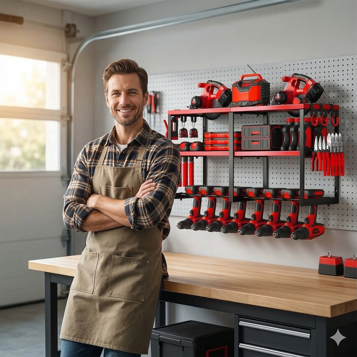 Birodeko Power Tool Organizer Wall Mount, 3-Layer Heavy Duty Garage Storage Rack with 8 Drill Holder Slots & Side Hooks (Red)