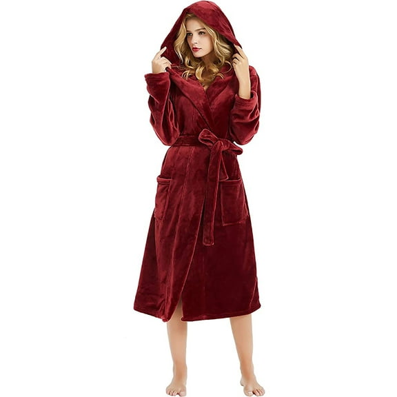HEARTNICE Womens Hooded Fleece Robe, Plush Bathrobe Soft Warm Long Robes,(Wine,S-M)