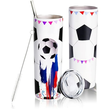 

20 Oz Soccer Print Skinny Insulated Stainless Steel Tumblers With Straw & Lid Metal Double Wall Vacuum Travel Coffee Mug Gift For Soccer Fans