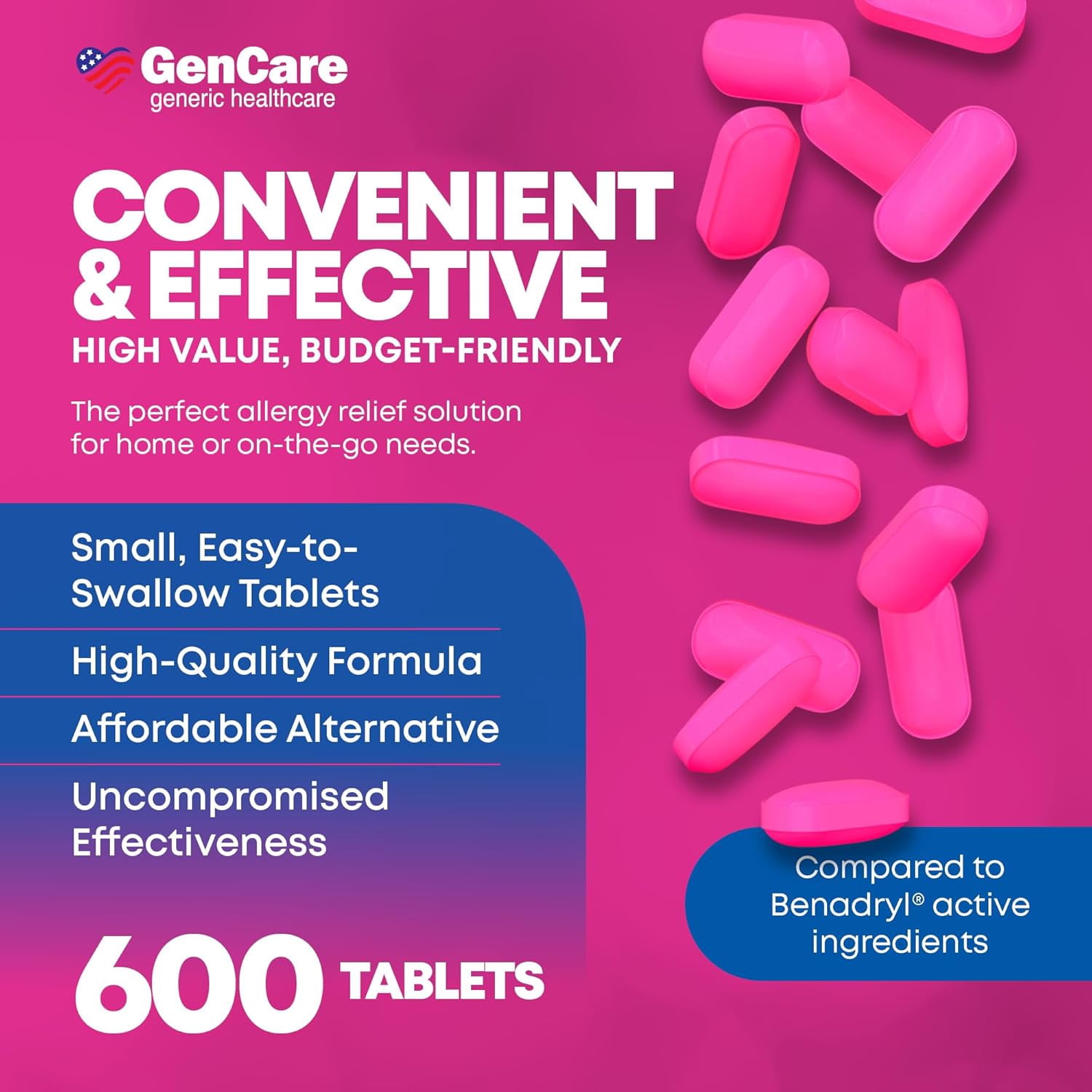 GenCare Allergy Relief Tablets Antihistamine Diphenhydramine HCl 25mg, 600 Tablets