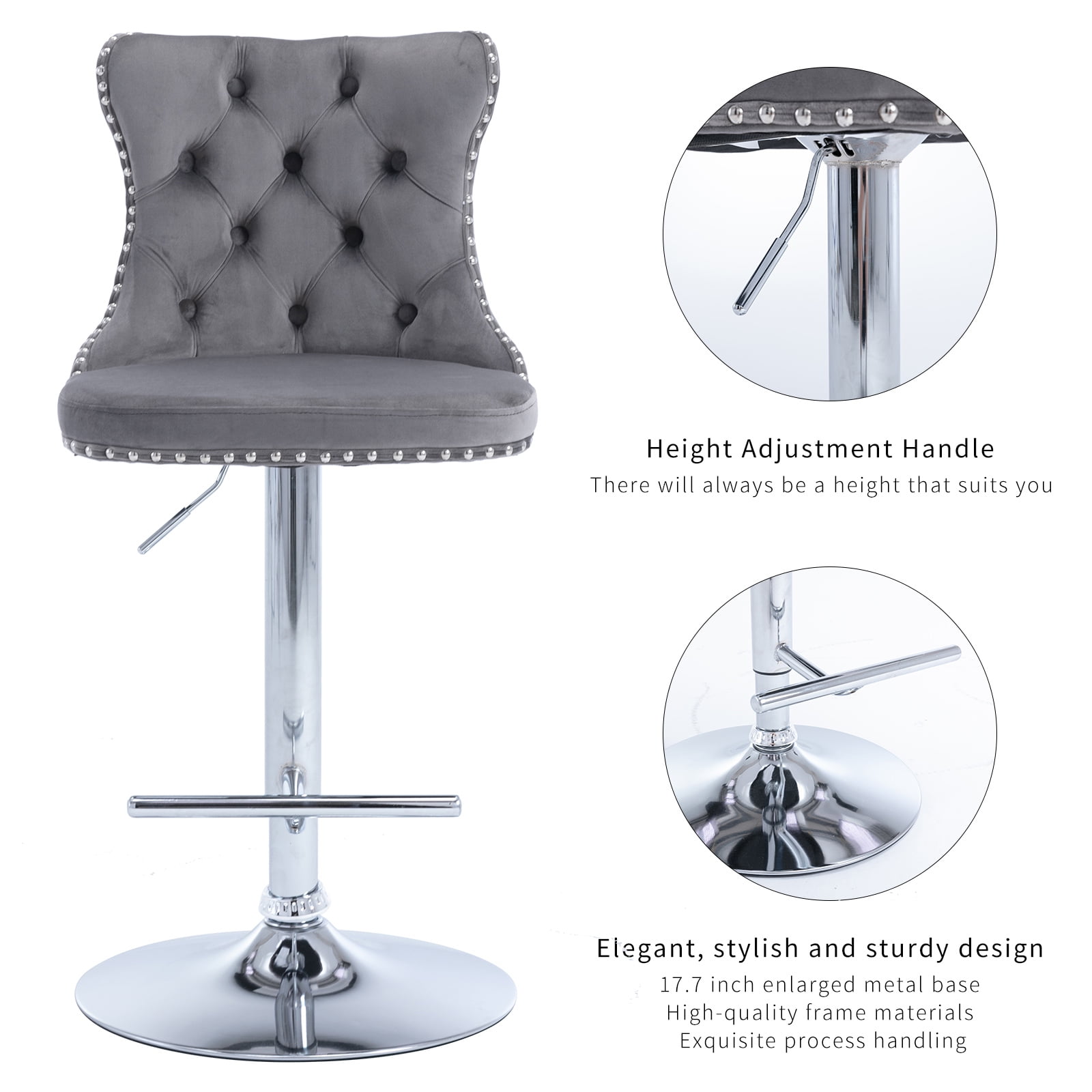 ODUSE-DAILY Gray Velvet Bar Stools Set of 2 - Adjustable Swivel Counter Height Chairs with Tufted Back and Nailhead Trim for Kitchen Island Pub Restaurant (2Pcs, Chrome Metal, Grey)