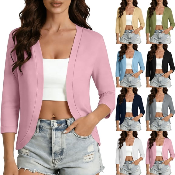 Otntypg Women's Thin Shrugs 3/4 Sleeve Lightweight Cropped Tops Trendy Solid Color Beach Vacation Open Front Cardigan Shirts for Dress White XXL