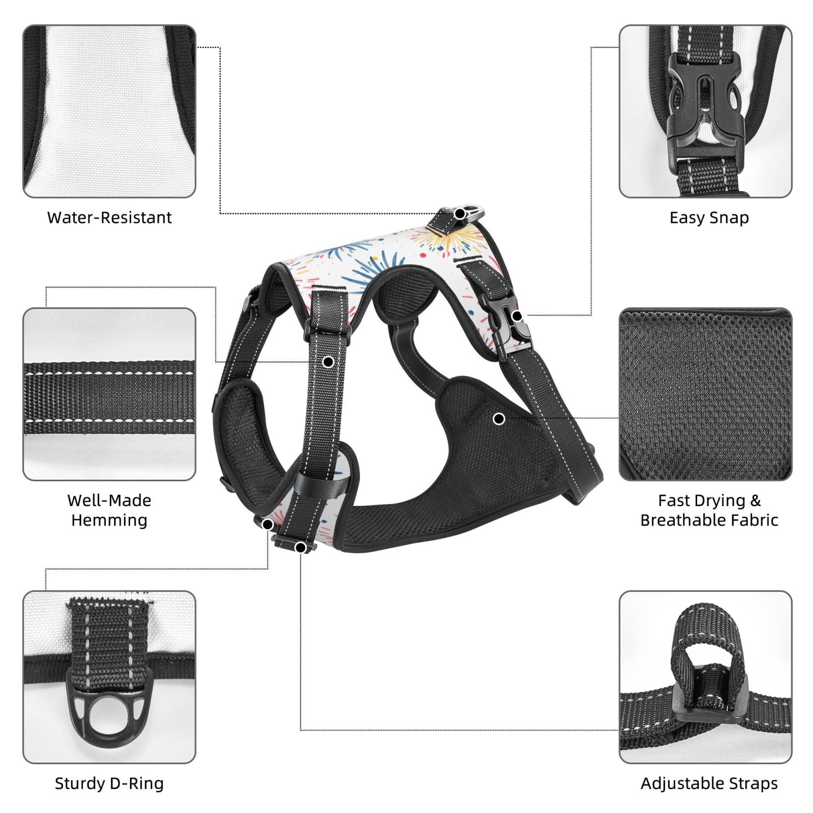Kdxio Bright Colorful Fireworks Print No Pull Dog Harness Adjustable Reflective Oxford Easy Control Medium Large Dog Harness for Training and Everyday-Small