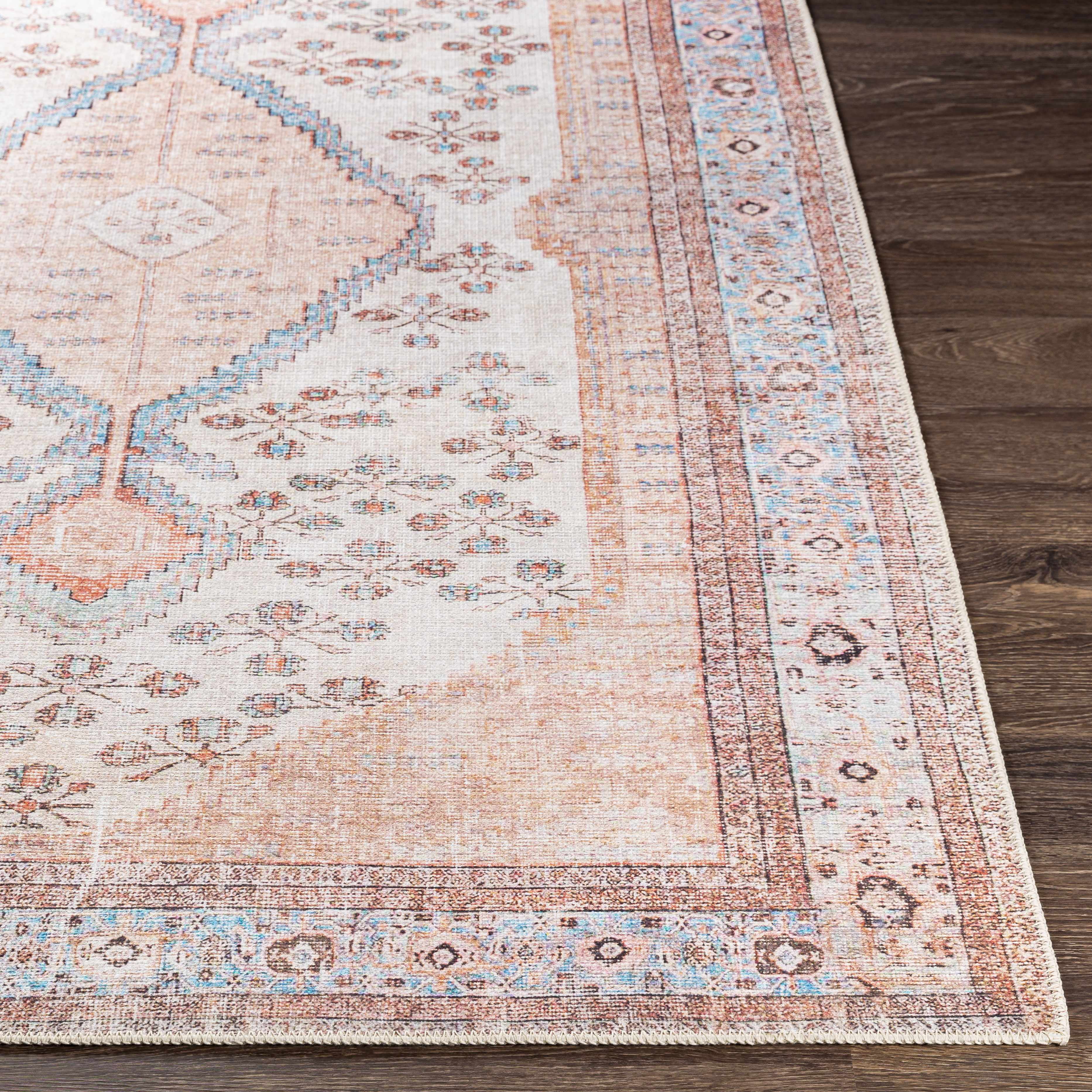 Hauteloom Moora Boho Vintage Distressed Runner Rug - Machine Washable Traditional Medallion Area Rug for Hallway, Kitchen - Tan, Peach, Blush - 2'7" x 10'