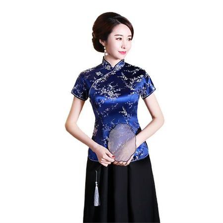 

JANGSLNG Women Cheongsam Shirt Chinese Style Plum Print Summer Autumn Exquisite Buckles Stand Collar Cheongsam Top for Wedding