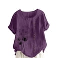 thumbnail image 2 of Purple Womens Tops Women's Cotton Linen Shirts Summer Casual Boho Floral Short Sleeve Blouse Oversized Loose Ladies Tunic Tops Shirts for Women, 2 of 5