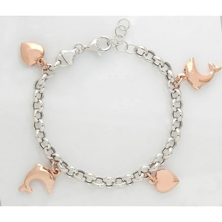 Pori Jewelers Sterling Silver Rose Gold-Plated Heart and Dolphin Bracelet