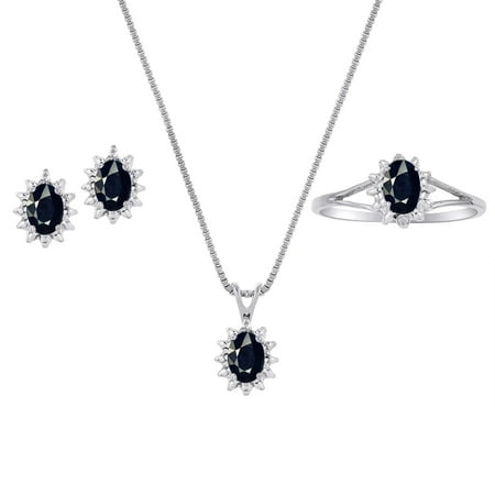 Genuine Natural Sapphire & Diamond Pendant, Earrings & Ring Set in Sterling Silver .925 with Chain and Gift Box