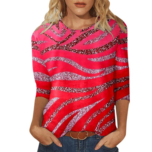 WEAIXIMIUNG Funny Tshirts Shirts for Women Plus Size Women Spring and Summer Casual Round Neck Three Quarter Sleeve Tshirt Gradient Pattern Print Top