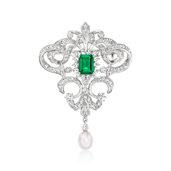 Ross-Simons 6-6.5mm Cultured Pearl and 1.70 Carat Simulated Emerald Vintage-Style Pin With 1.50 ct. t.w. Czs in Sterling Silver, Women's, Adult