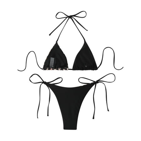 UTSJKR Bikini Sets for Womens Two Piece Swimsuits Halter String Triangle Bathing Suit Swim Sexy Tie Side Bottom Swimwear Black L